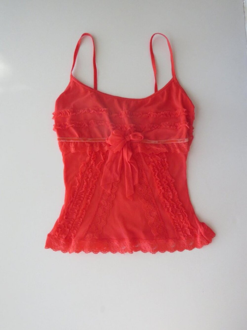 Vintage Italian 2000s Women's Red Mesh Ruffle Camisole, Made in Italy, Scalloped